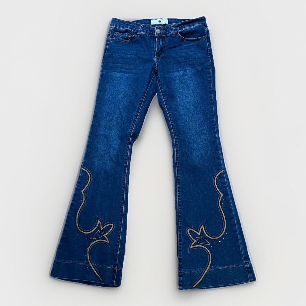 Flying Angel Jeans Womens 5/27 Y2K Flare Bell Bottom Embroidered Rhinestone
